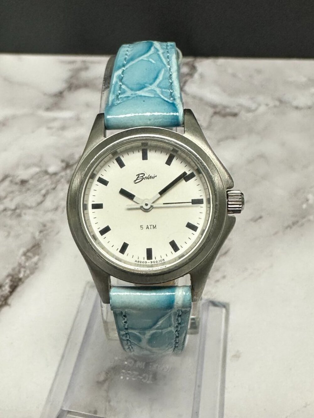 Belair Watch Women Silver Tone Round Dial Blue Leather Band New Battery 8.5 Inch